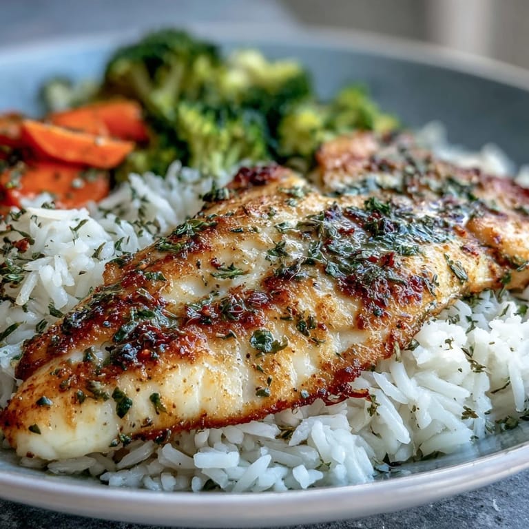 Golden-baked tilapia atop steamed broccoli and carrots, served over fluffy white rice in a bowl.