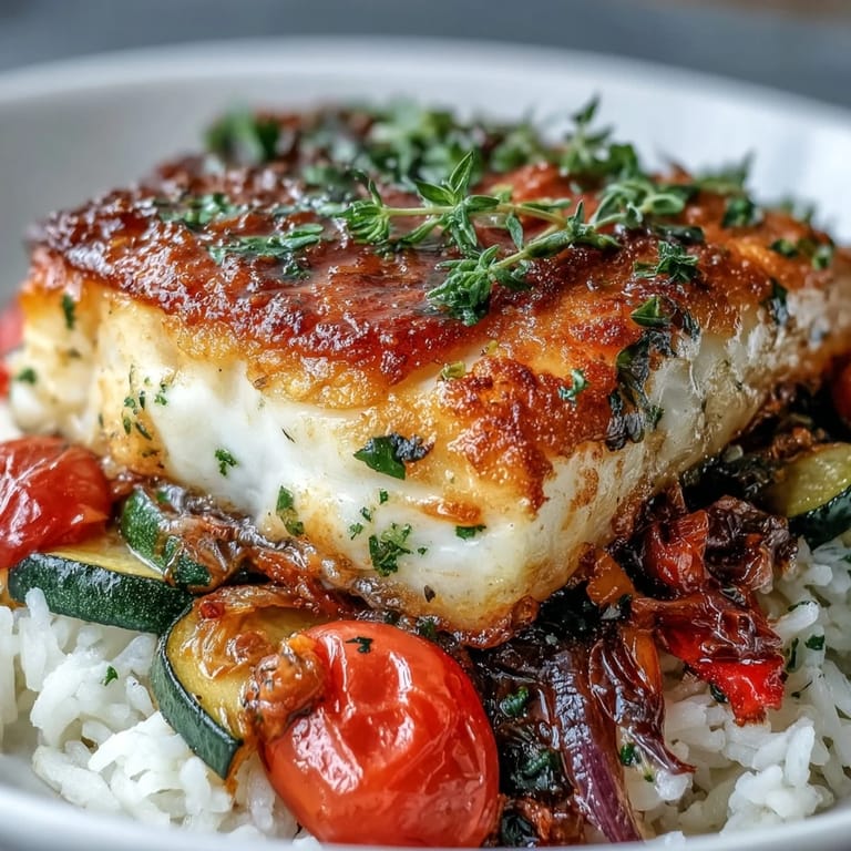Vibrant roasted zucchini, bell peppers, and tomatoes accompany a Pan-Seared Fish Bowl for a colorful, gluten-free weeknight dinner.