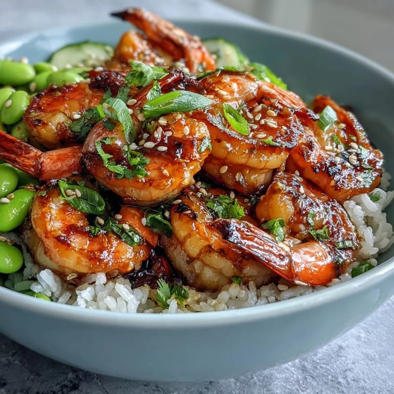 A close-up of a fresh Asian Shrimp Bowl with fluffy rice, cucumber, carrots, and a spicy ginger dressing