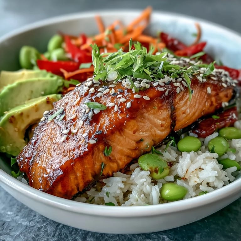 Avocado slices, sesame seeds, and fresh green onions garnish this easy Asian-inspired salmon rice bowl recipe.