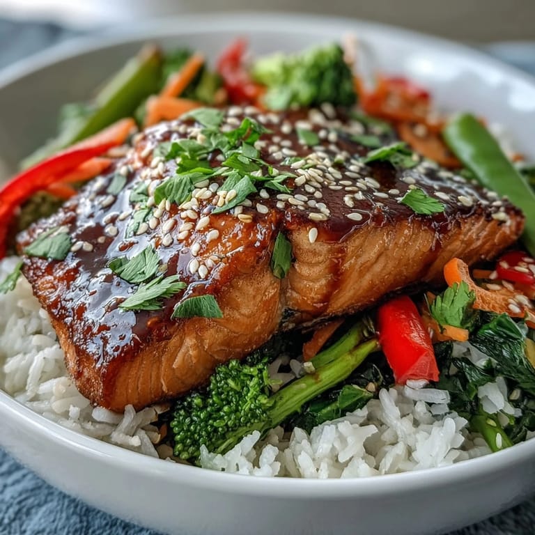 A close-up of a Teriyaki Salmon Bowl, featuring tender salmon, vibrant bell peppers, broccoli, and carrots over steamed jasmine rice.