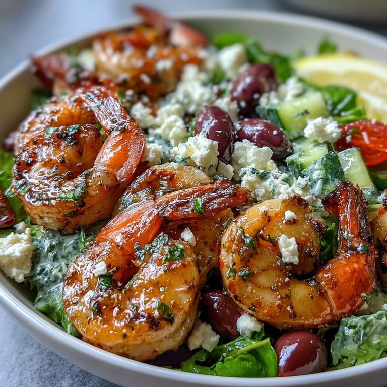 Fresh Greek Shrimp Bowl topped with grilled shrimp and a lemony dressing.