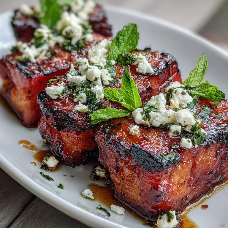 Refreshing Grilled Watermelon Salad with Feta and Mint: Sweet watermelon meets savory feta and crisp mint in this Mediterranean-inspired dish.