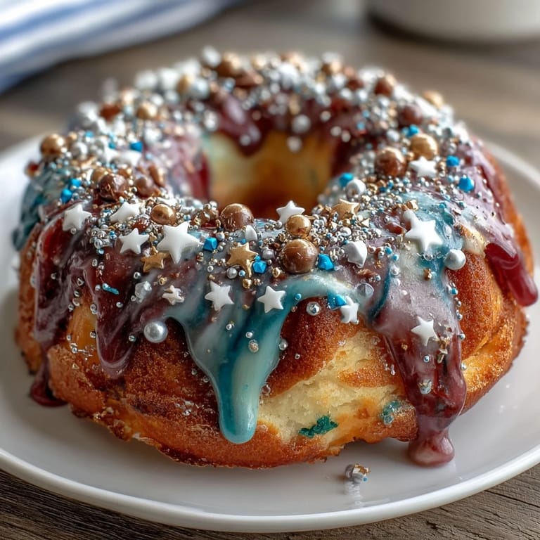 Layered vanilla cake frosted in galaxy hues, adorned with silver star sprinkles and a dazzling graduation cap topper.