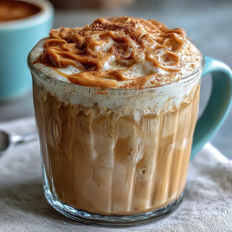 Steaming oat milk latte featuring dandelion root tea, sweetened with honey and dusted with cinnamon for a warming drink.