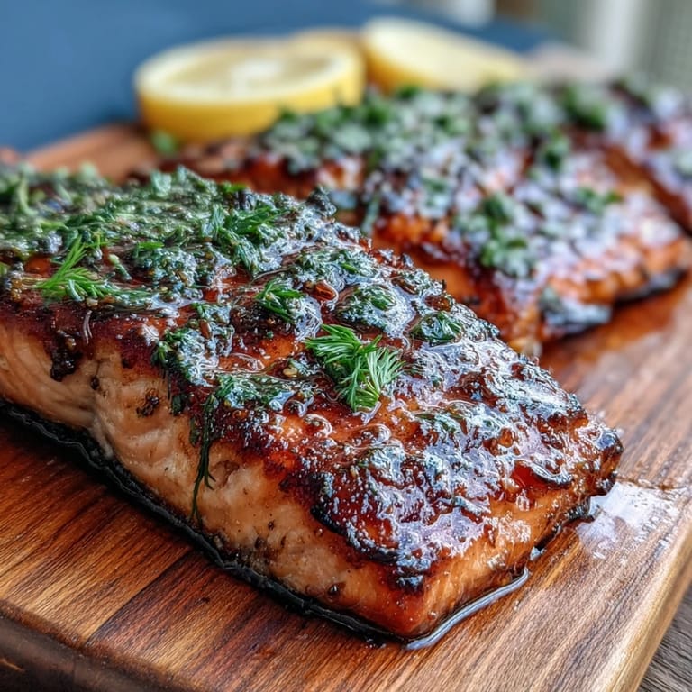 Cedar plank salmon fillets, infused with lemon zest and dill, served on a charred plank with juicy lemon slices.