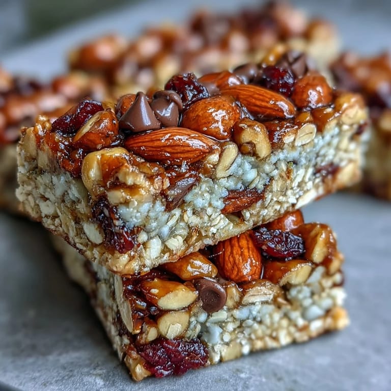 Chewy No-Bake Granola Energy Bars packed with wholesome oats, crunchy nuts, and sweet dried fruit, perfect for on-the-go energy.