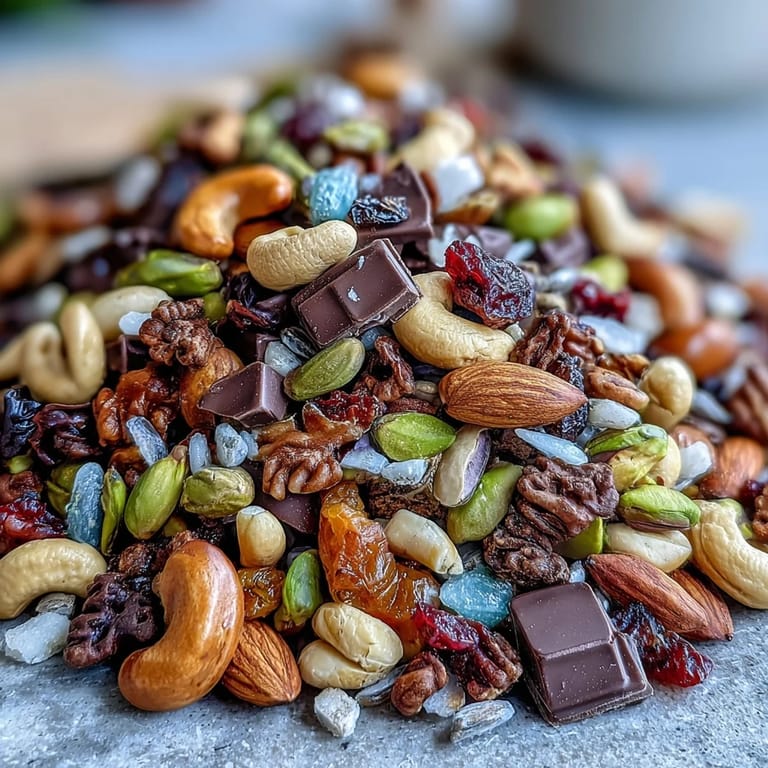A tempting bowl of homemade trail mix with dark chocolate, featuring crunchy almonds, chewy cranberries, and decadent dark chocolate chips.