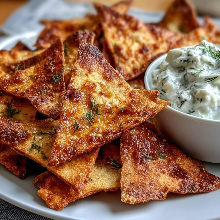 Homemade pita chips baked to perfection, served alongside cool, herb-infused tzatziki for dipping.  