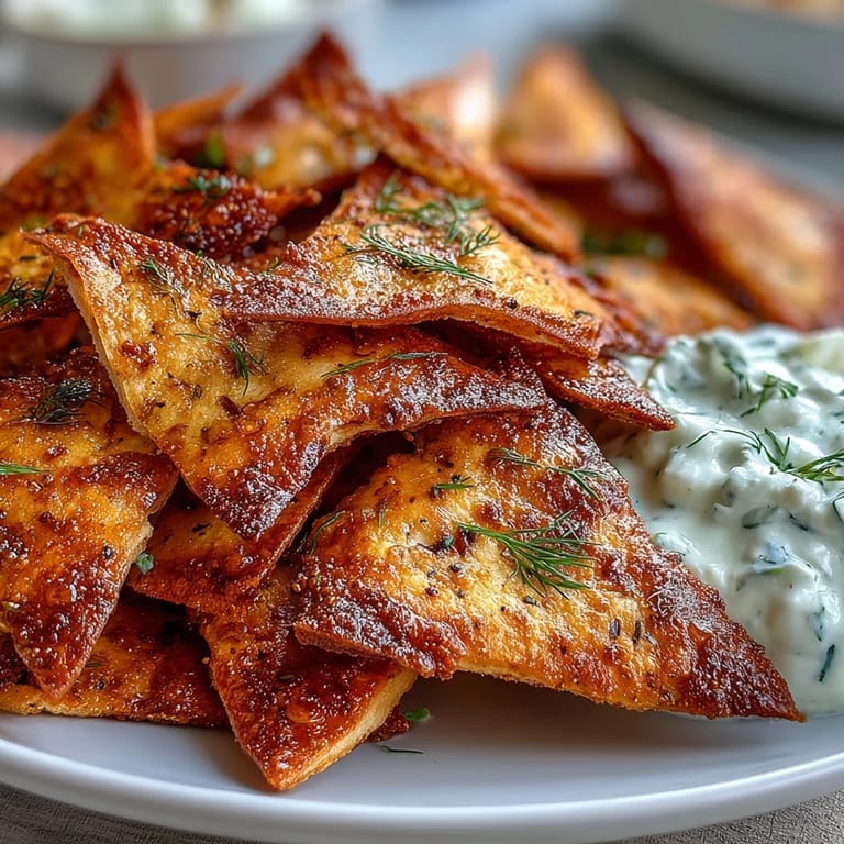 Golden-brown pita chips paired with chilled tzatziki, offering a crunchy and refreshing Mediterranean treat.