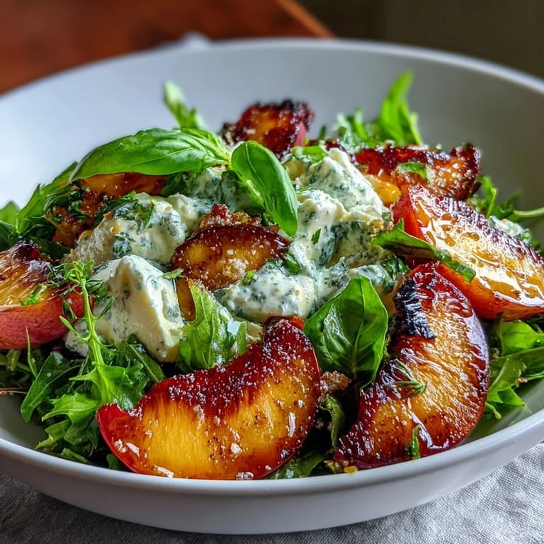 Juicy grilled peaches paired with luscious burrata cheese and fresh arugula, finished with a honey-balsamic glaze for a Mediterranean-inspired dish.