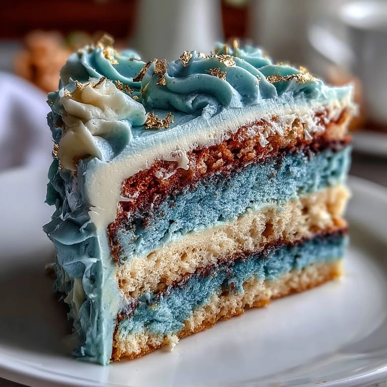 Striking graduation cake featuring deep blue gradient layers, frosted in rich buttercream, and adorned with shimmering gold leaf for a festive milestone dessert.