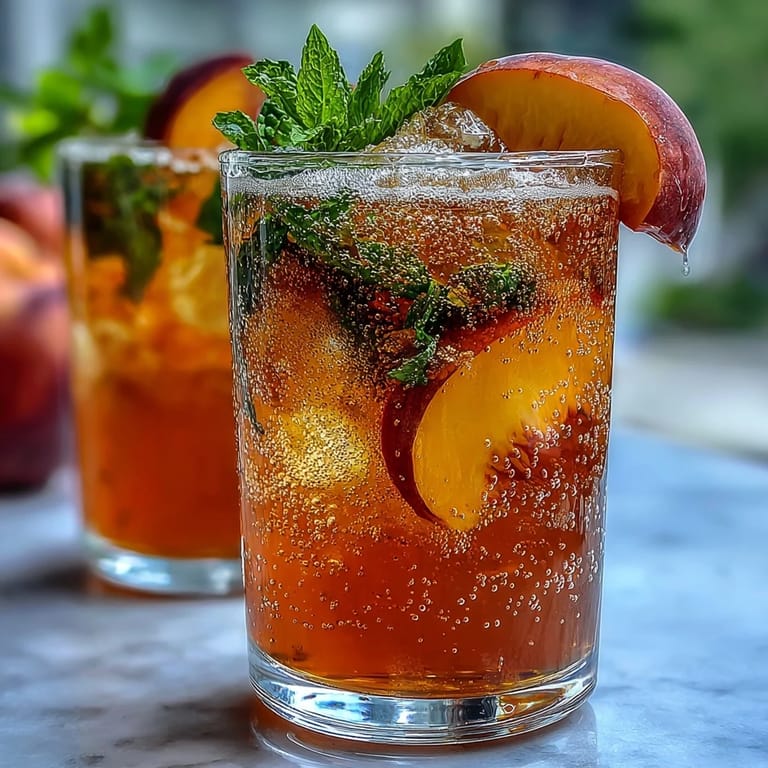 Ice-cold mango peach sparkling tea served with fresh fruit and mint for a sunny, refreshing treat.