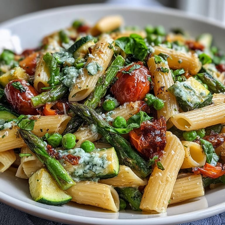Vibrant Spring Pasta Primavera featuring al dente penne, tender spring vegetables, and a light lemon-herb sauce, perfect for a healthy vegetarian dinner.