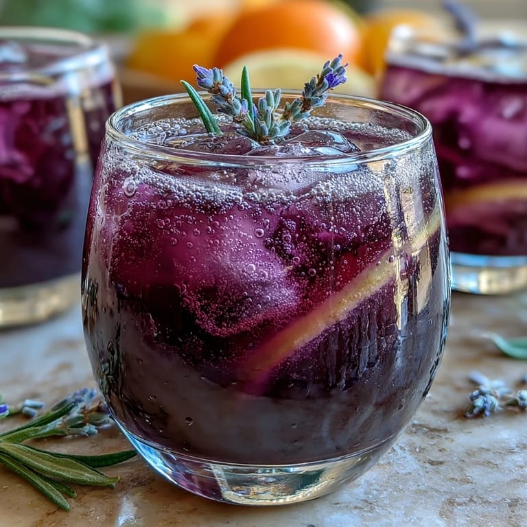 Refreshing Purple Rain Lavender Lemonade Refresher served over ice, garnished with lemon wheels and fresh lavender for a stunning summer drink.