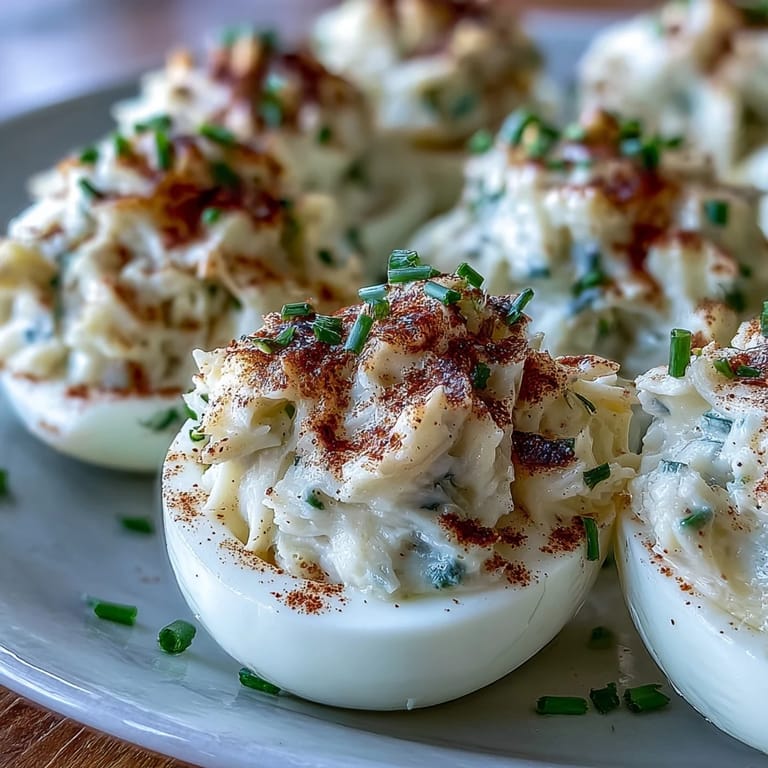 Delicious crab cake deviled eggs with Old Bay seasoning, ready to serve.