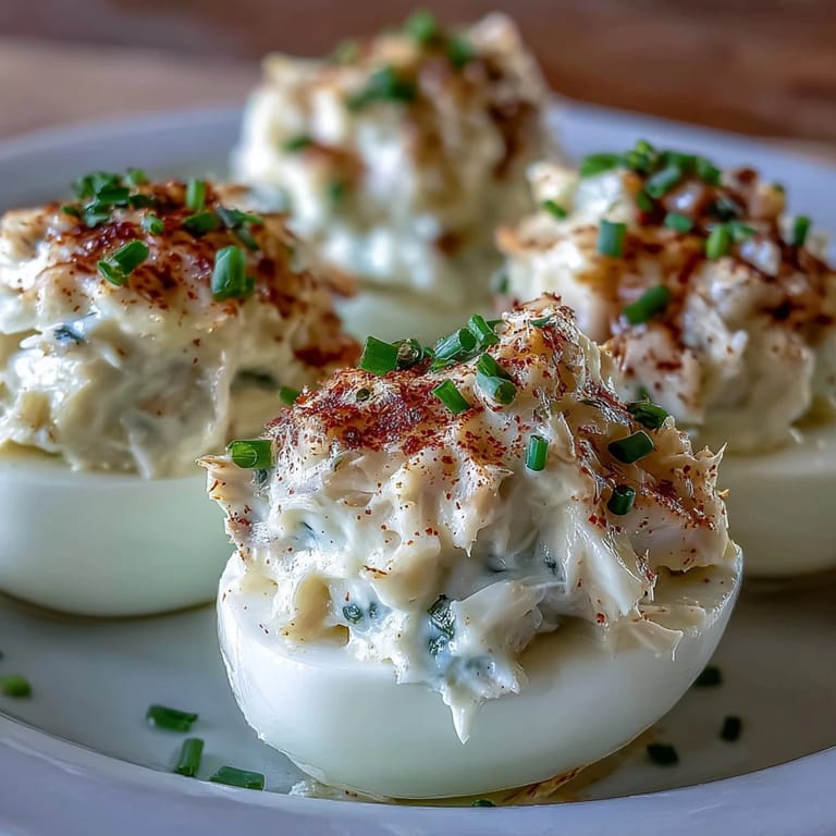 Golden Old Bay dusted crab cake deviled eggs, a party starter.