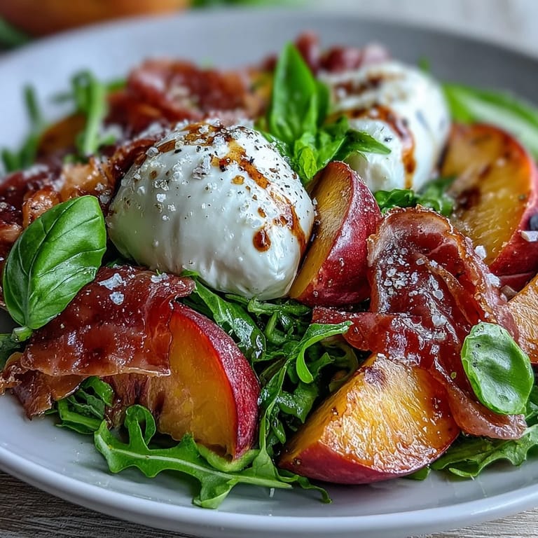 A beautifully arranged burrata and peach summer salad, perfect for light, fresh dining.