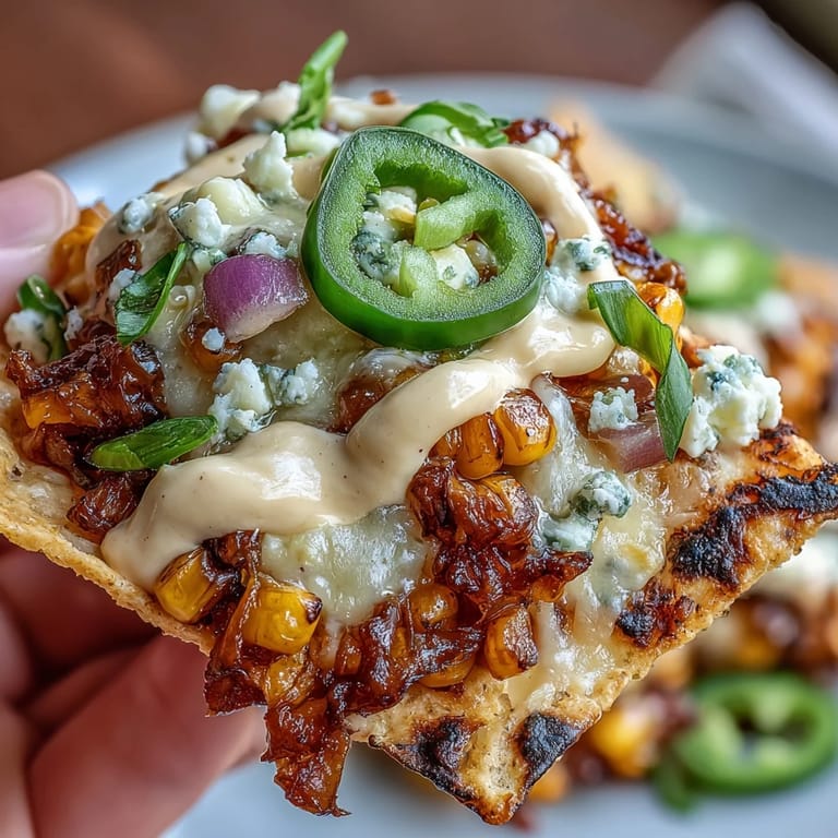 Festive Elote Nachos piled with melted cheese, corn, and a spicy crema drizzle.
