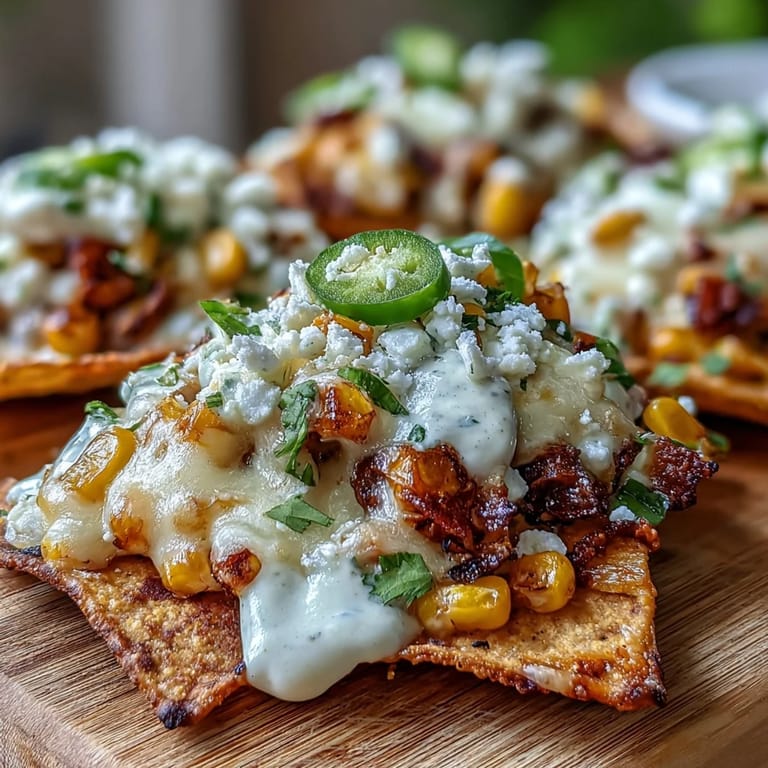Crispy tortilla chips piled high with cheesy elote and vibrant chipotle crema.