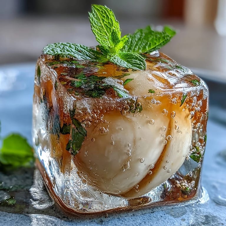 See translucent lychee jelly cubes beautifully suspended in effervescent yuzu water.
