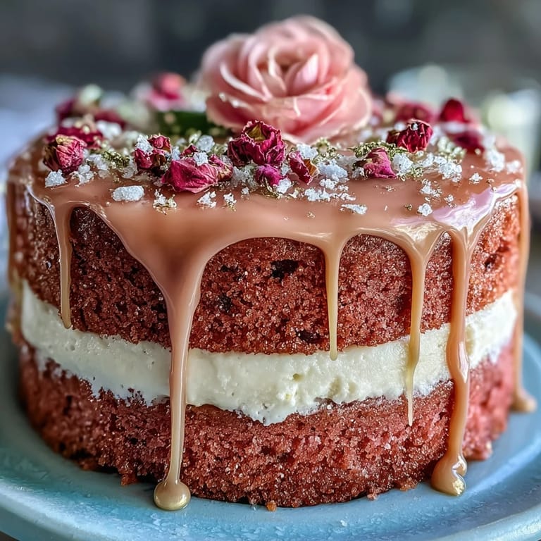 A slice of pink Rosé Velvet Cake showing fluffy frosting and rich gold drip.