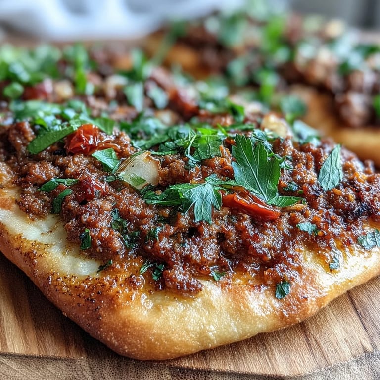 Enjoy fresh Turkish Lahmacun Pizza, a flavorful flatbread feast.