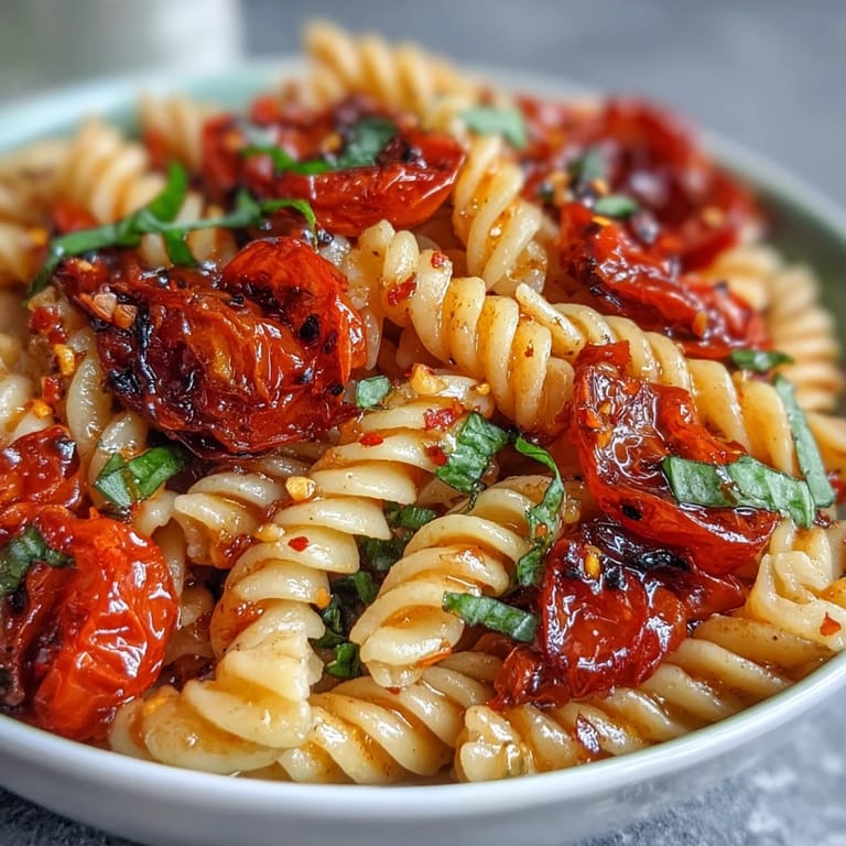 Juicy cherry tomato confit pasta with garlic oil, perfectly cooked with fresh basil.