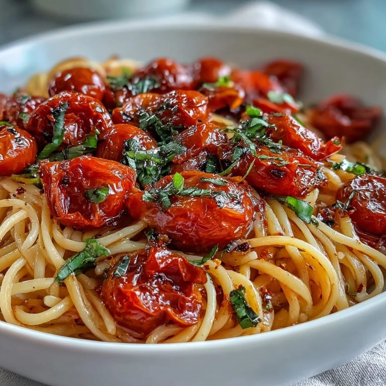 Vibrant cherry tomato confit pasta with garlic oil, a delicious Italian comfort dish.