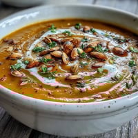 Creamy Butternut Squash and Apple Soup served in a rustic bowl, garnished with thyme and a perfect fall dinner starter.
