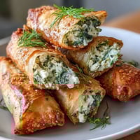 Golden-brown Spanakopita Spring Rolls, fried until crispy, resting on a tray next to a creamy white yogurt-dill dip.