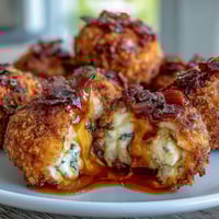 Golden brown Buffalo Chicken Bacon Mozzarella Bombs with crispy panko breading, served with creamy ranch dip for dipping.