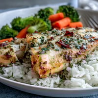 Herb-baked tilapia fillets on fluffy rice with steamed broccoli and carrots for a wholesome bowl.