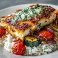 Golden pan-seared fish rests atop fluffy rice and roasted vegetables in a bright lemon sauce in this healthy Pan-Seared Fish Bowl.