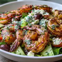 Grilled Greek Shrimp Bowl with feta and vibrant vegetables, ready to serve.