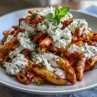 Fresh pea and ricotta pasta with mint, creamy and bright, served in a white bowl with a sprinkle of Parmesan.  