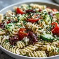 Fresh summer pasta salad with Greek olives and feta, vibrant and colorful on a white plate.