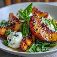 A vibrant summer salad with sweet grilled peaches, creamy burrata, and a drizzle of honey, perfect for outdoor dining.