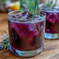 A vibrant glass of Purple Rain Lavender Lemonade Refresher with fresh lemon slices and lavender sprigs.