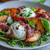Creamy burrata, sweet peaches, and salty prosciutto shine in this stunning summer salad.