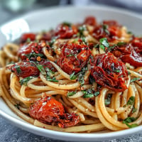 Glossy cherry tomato confit pasta with garlic oil, showcasing tender, slow-roasted tomatoes.